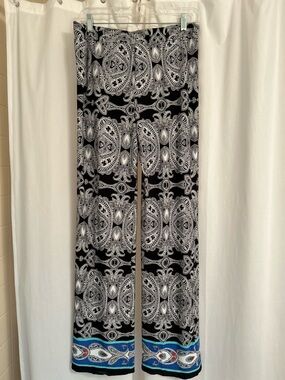 Black & White Paisley Wide Leg Pants with  Turquoise Border